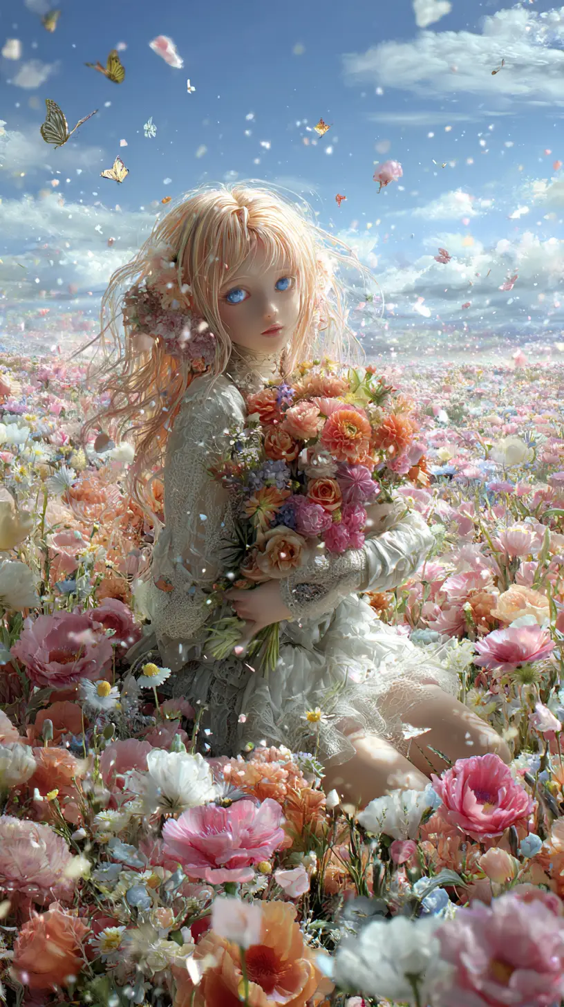 Surreal girl in a dreamy flower field with butterflies