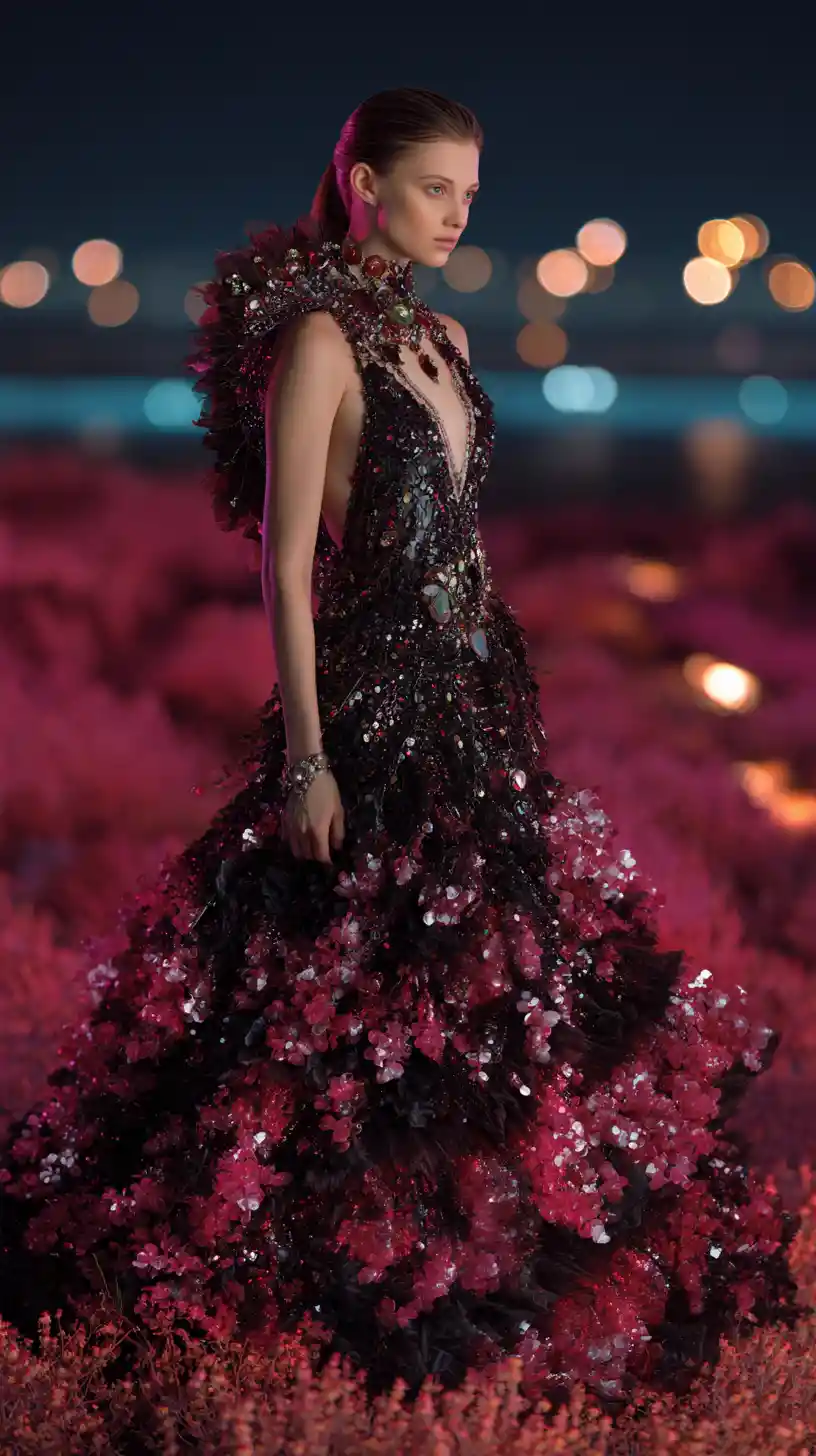 Persian woman in jeweled black and pink couture on runway