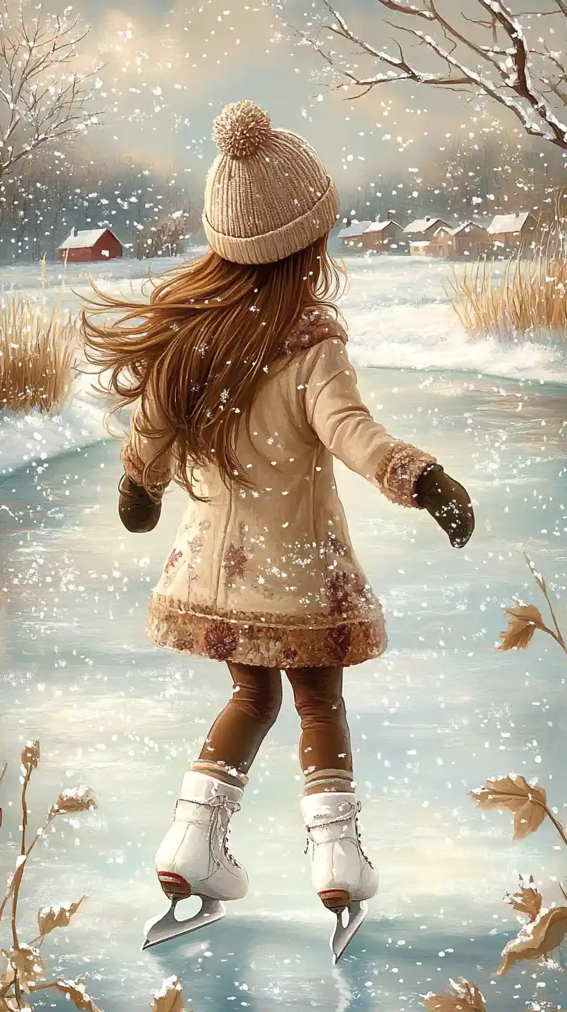 Girl ice skating on a frozen pond in winter village