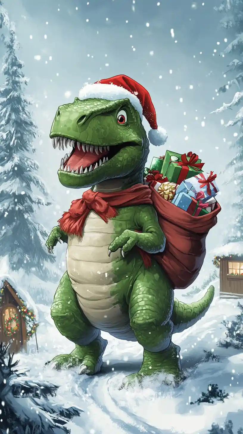 Dinosaurio Santa Claus estilo caricatura en un bosque invernal nevado