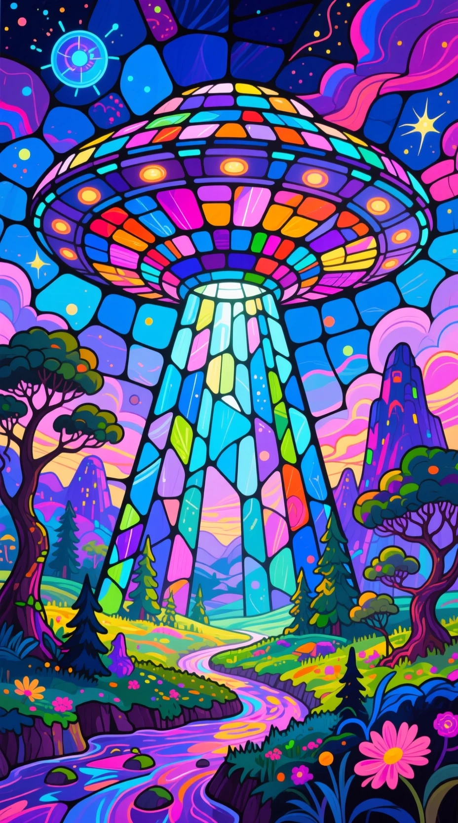 Lebendiges UFO aus Buntglas über einer surrealen Fantasielandschaft