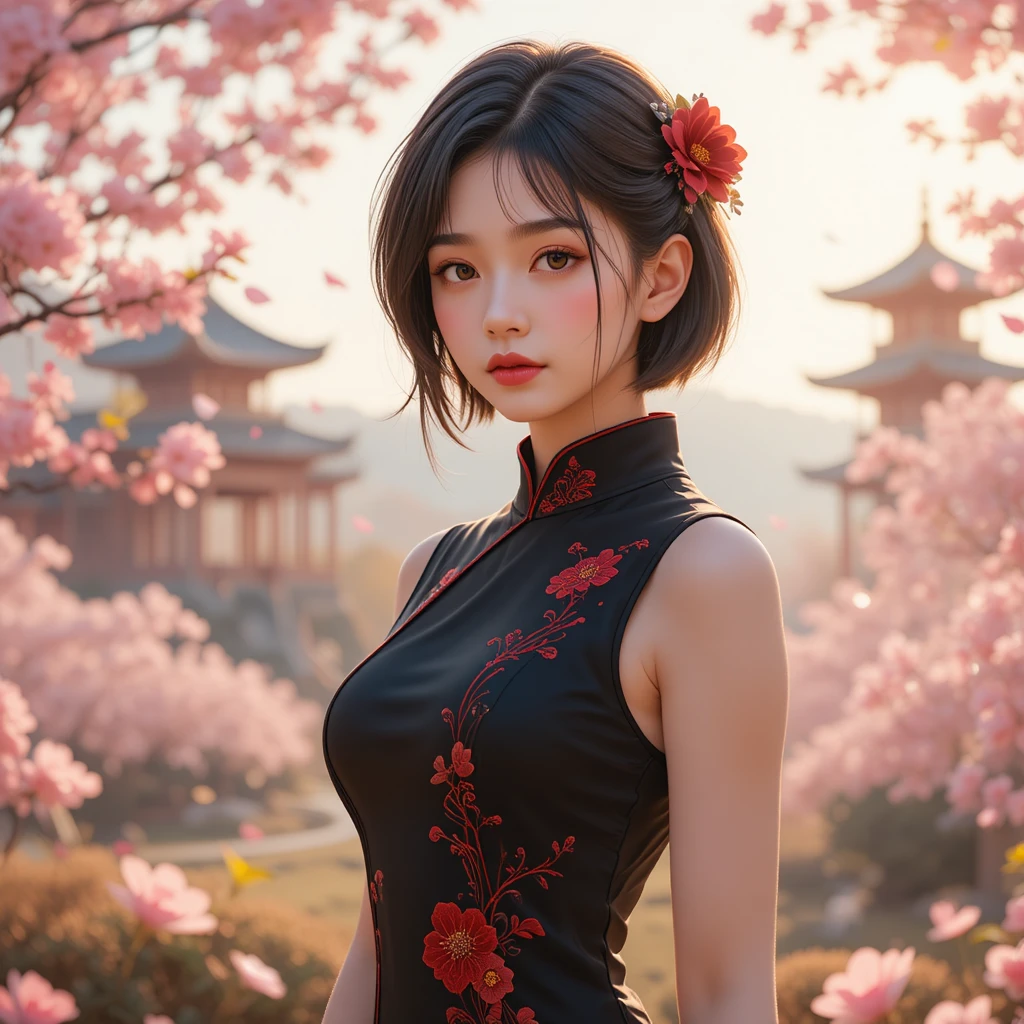 Anime girl in black qipao amid cherry blossoms