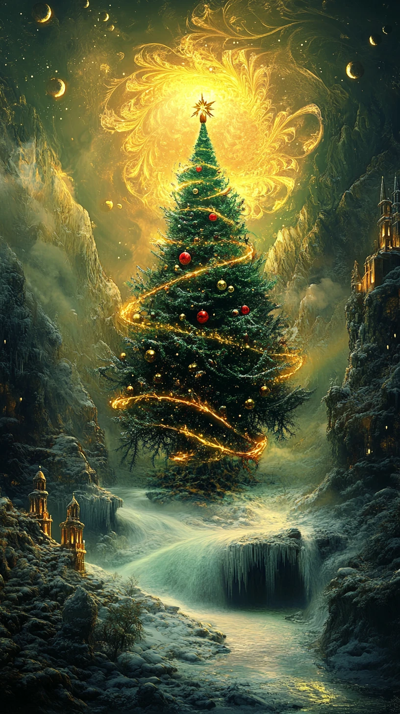Calligraphic Christmas tree with swirling festive fractal patterns