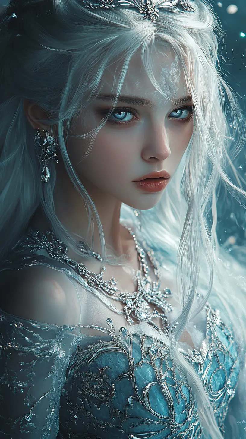 Melancholic Ice Queen In Ornate Silver Gown Portrait