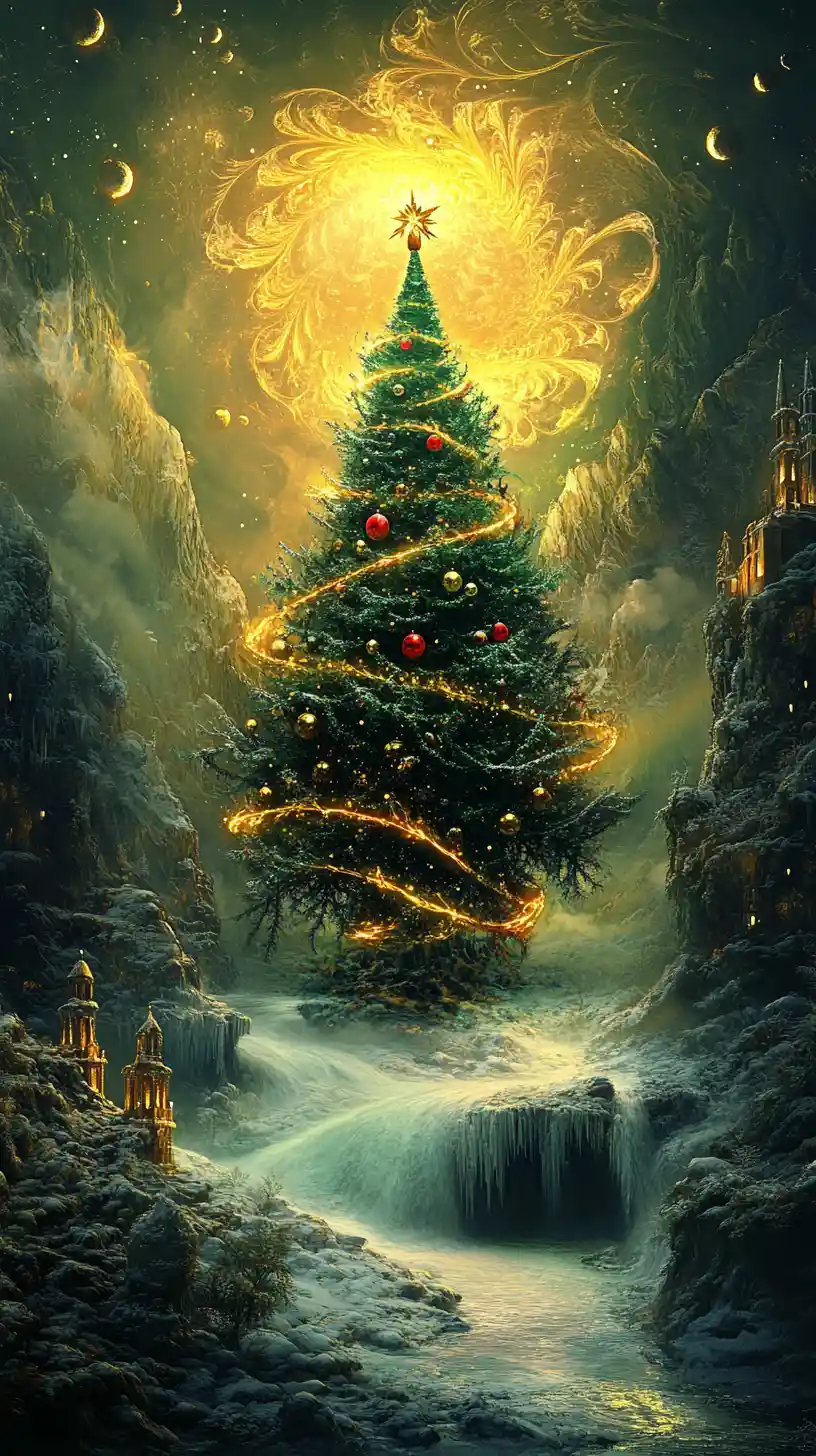 Calligraphic Christmas tree with swirling festive fractal patterns