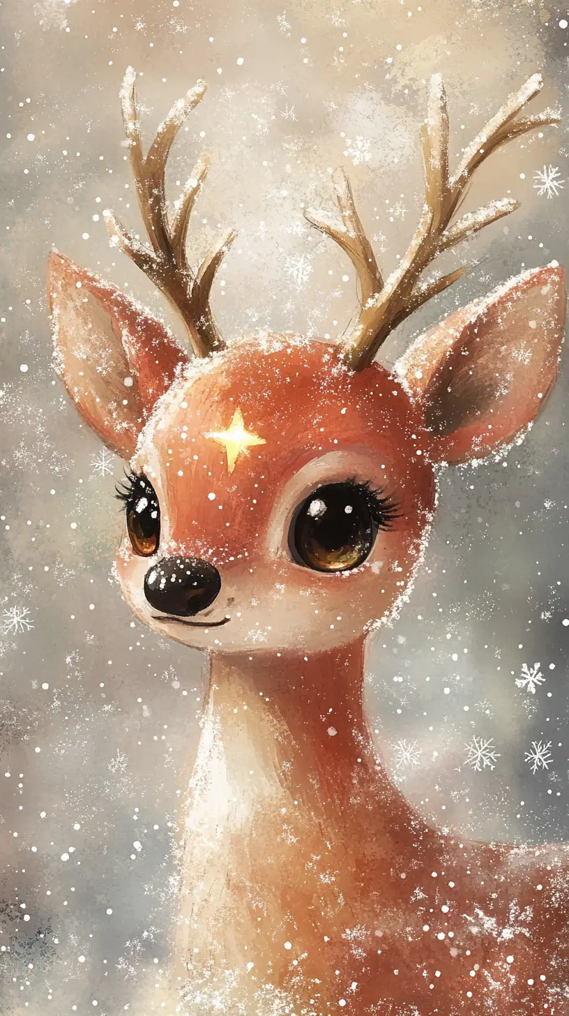 Whimsical watercolor reindeer with starry eyes in snowy sky