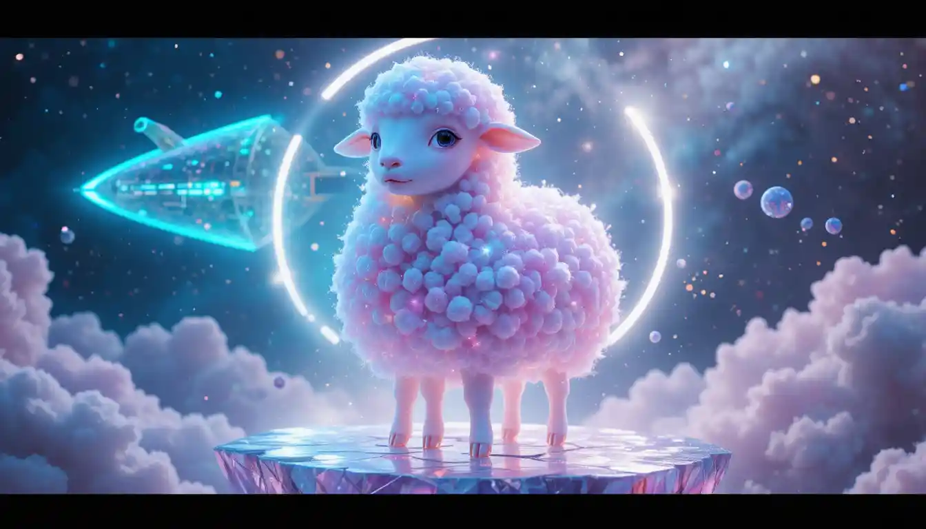 漂浮水晶平台上的發光雲朵宇宙小羊