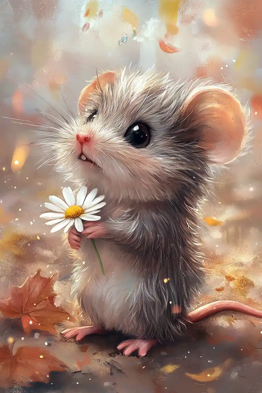 Cute baby mouse holding a daisy in autumn colors