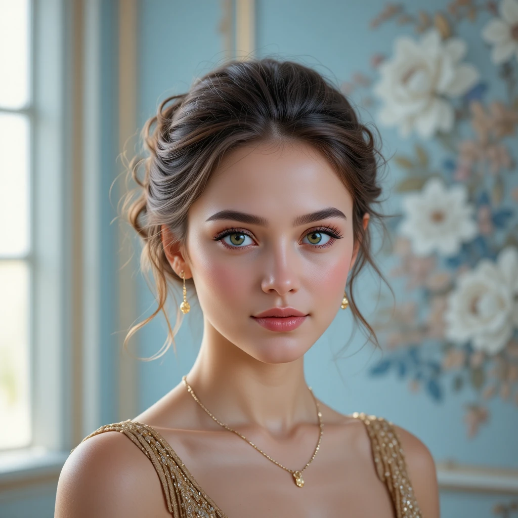 Young woman in gold dress with elegant portrait lighting