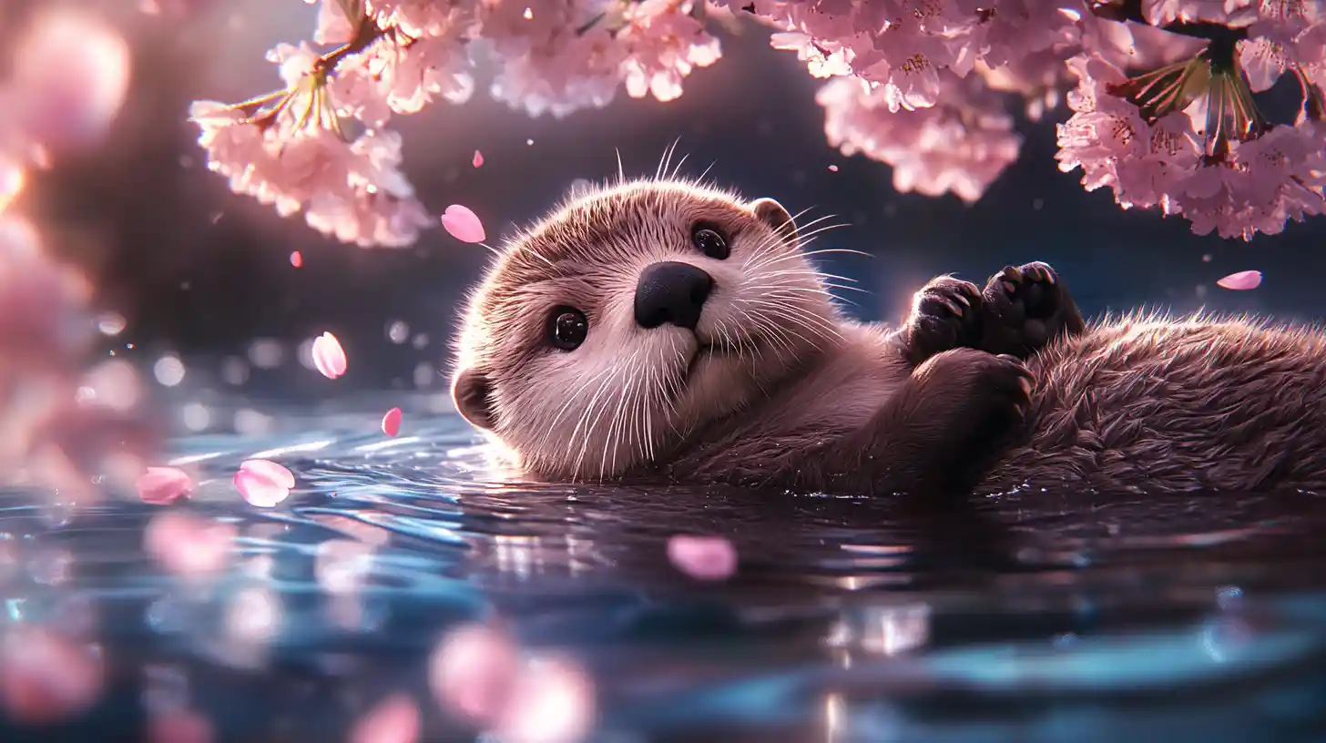 Cute baby sea otter floating under moonlit cherry blossoms