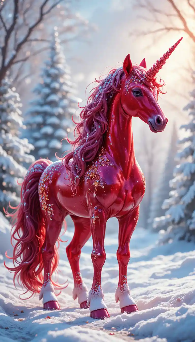 Rotes Einhorn in einem funkelnden verschneiten Winterwald