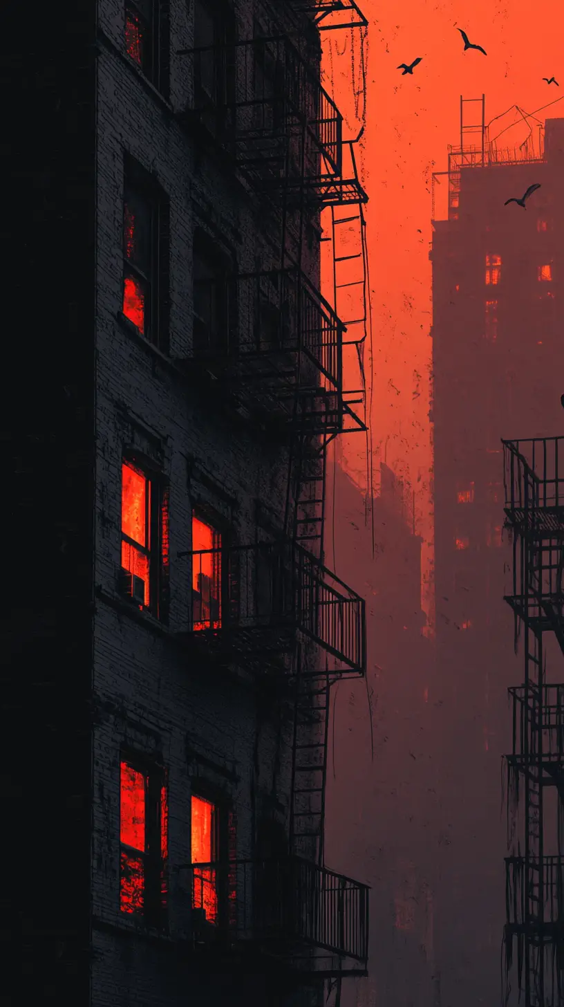 Edificio de apartamentos deteriorado en niebla naranja con ventanas rojas