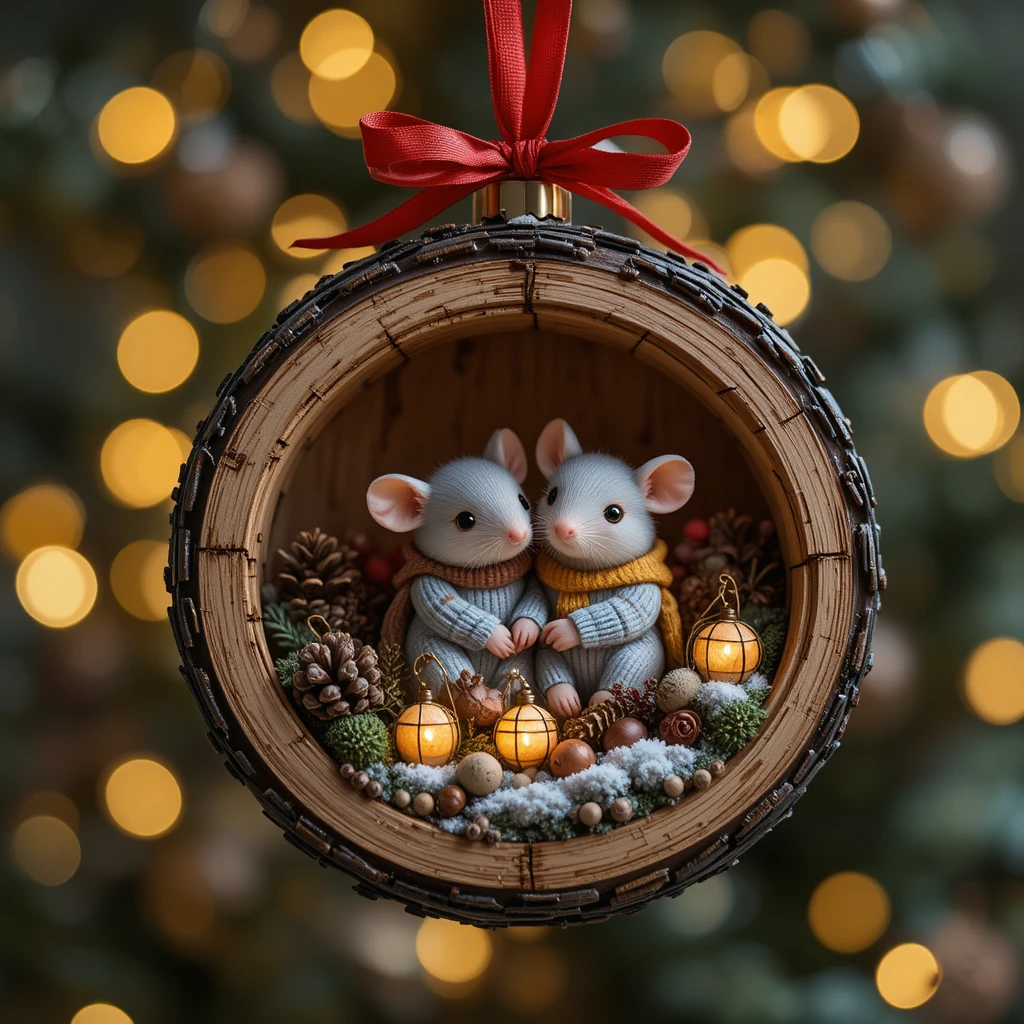 Dolci Topolini Cuccioli Accoccolati in una Decorazione Natalizia del Bosco