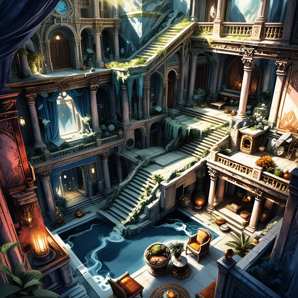 Isometric luxury stone villa interior with celestial fantasy details