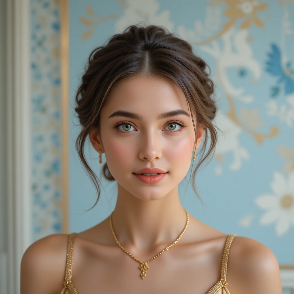 Retrato de mujer joven con luz suave y joyería dorada
