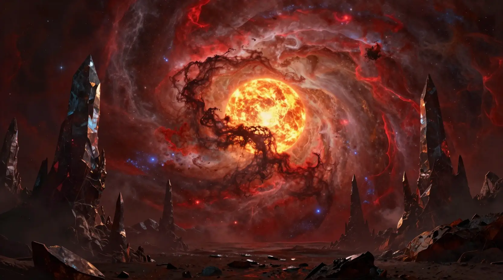 Cosmic Entity Looming Over Desolate Alien Landscape