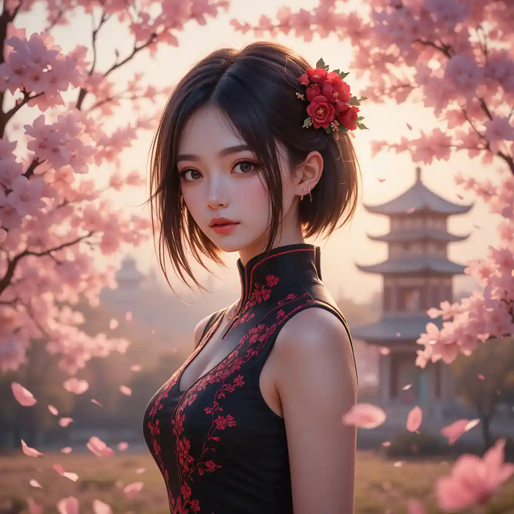 光る桜に包まれた黒いチャイナドレスのアニメ少女