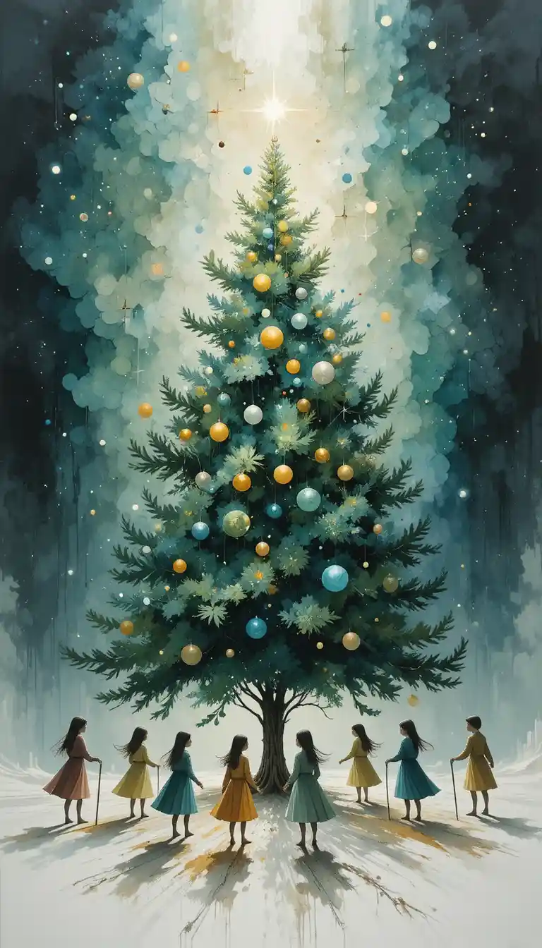 Watercolor christmas tree with children in soft abstract light