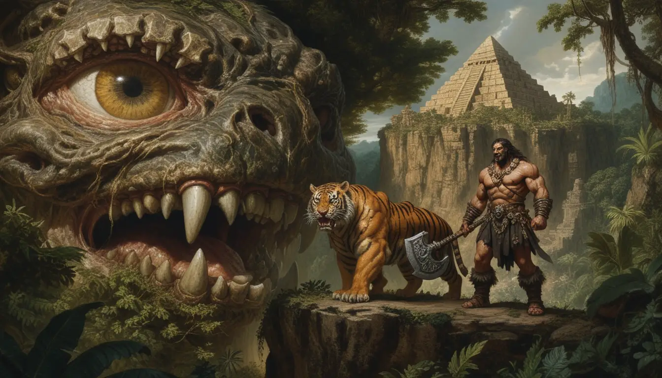 Barbarian Warrior And Armored Tiger On Jungle Cliff