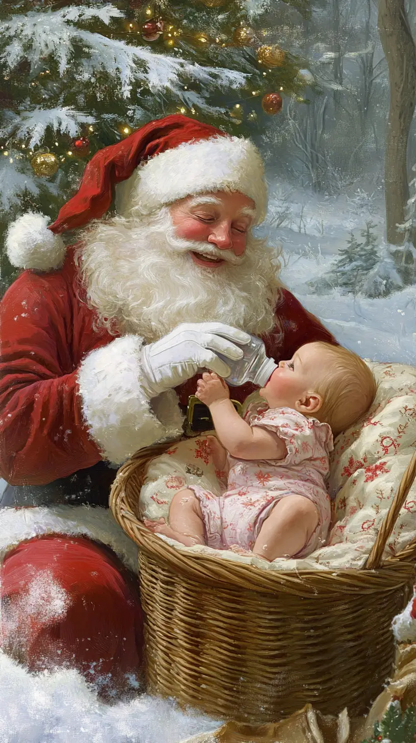 Santa Claus Feeding A Newborn Baby In Winter Forest