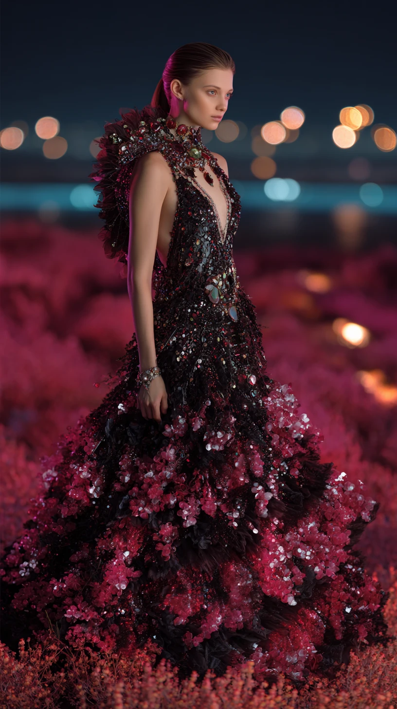 Persian woman in jeweled black and pink couture on runway