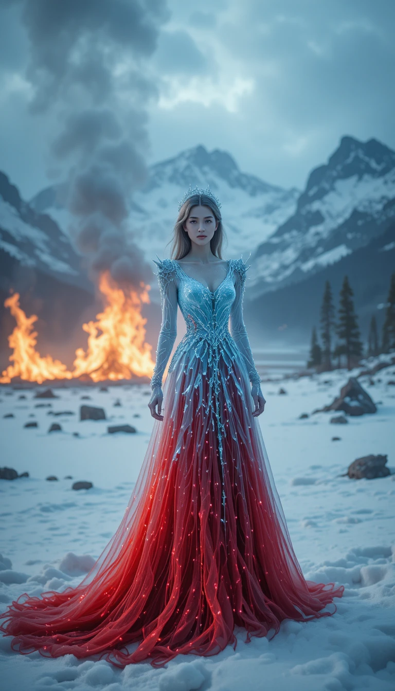 Woman In Split Ice And Fire Gown In Snowy Mountains