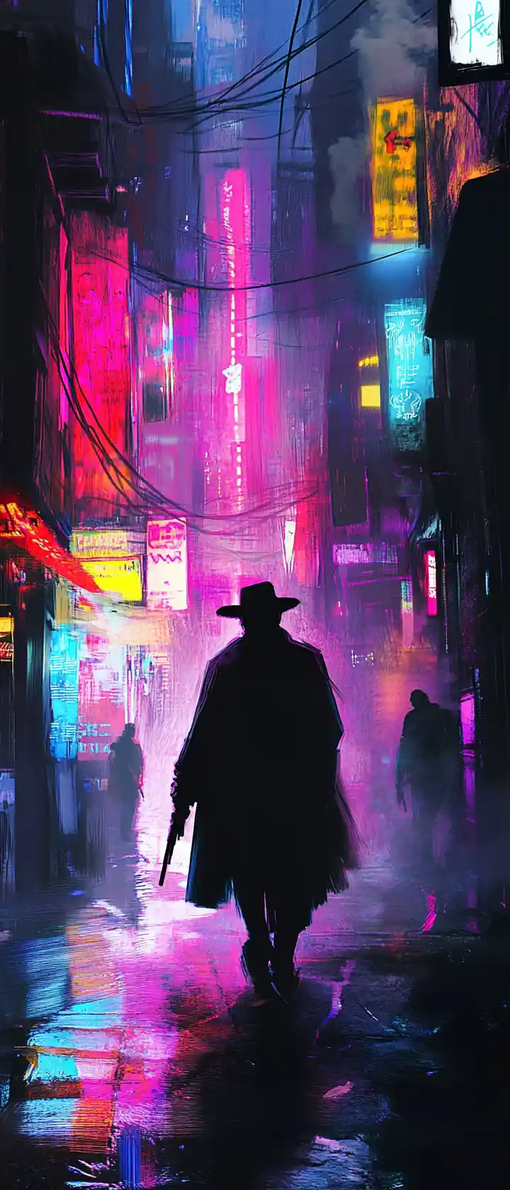 Anime crew as netrunners in neon soaked city alley