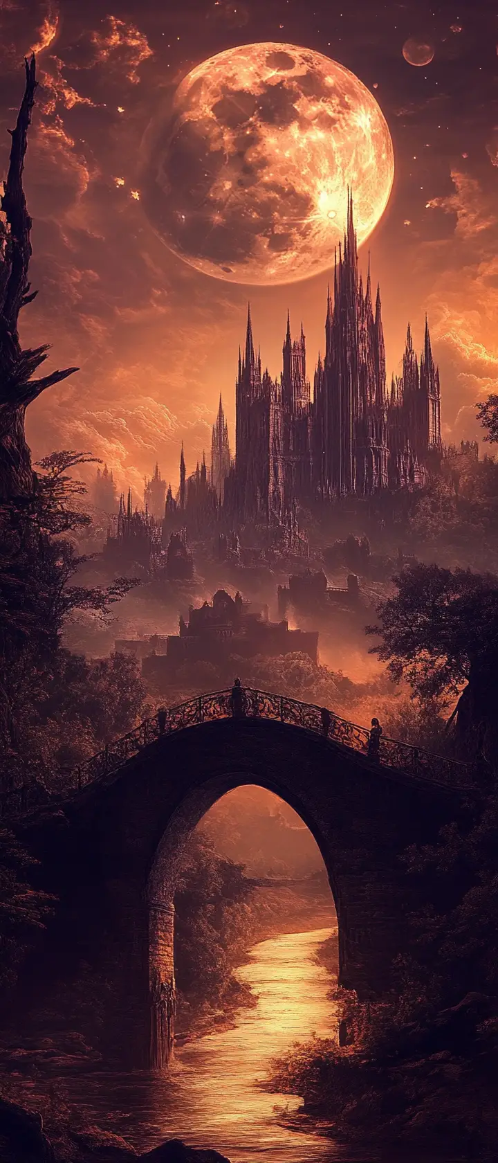 Crooked Bridge To Gothic Castle Under Crescent Moon