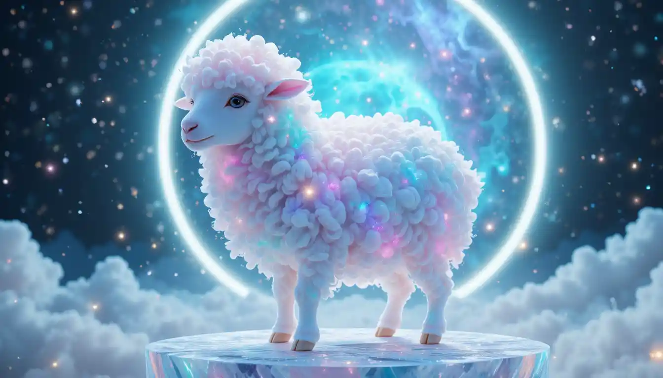 Agnello cosmico luminoso su piattaforma di cristallo fluttuante
