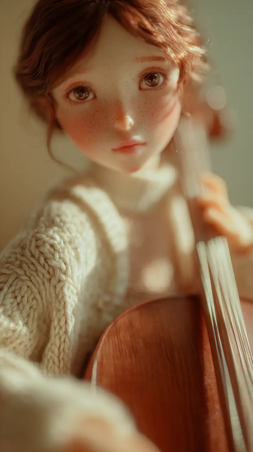 Art doll woman playing cello in soft warm light
