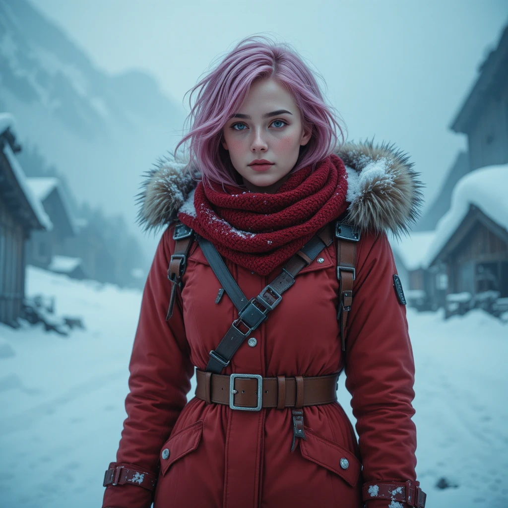 Woman traveler in red parka standing in snowy winter light