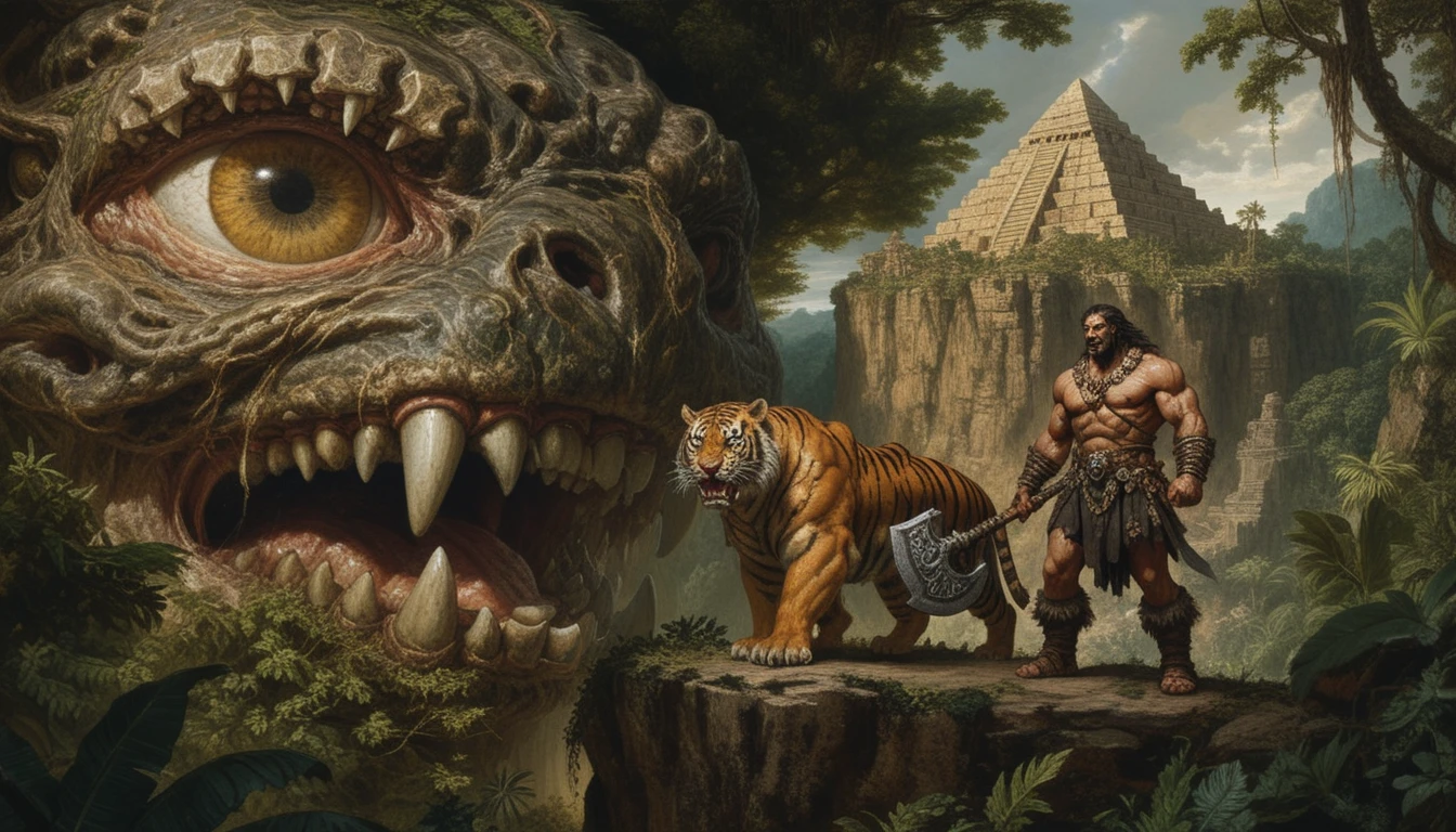 Barbarian Warrior And Armored Tiger On Jungle Cliff