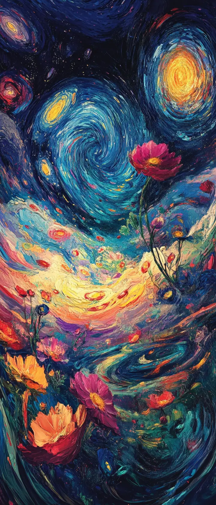 Surreal screaming flower field under swirling cosmic night sky