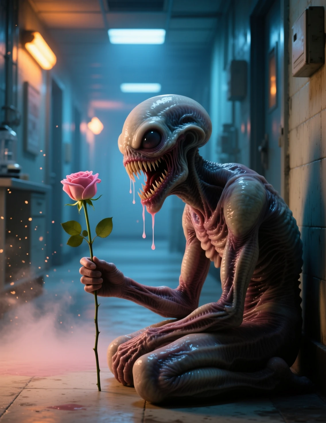 Demogorgon holding a single rose in a dark lab corridor