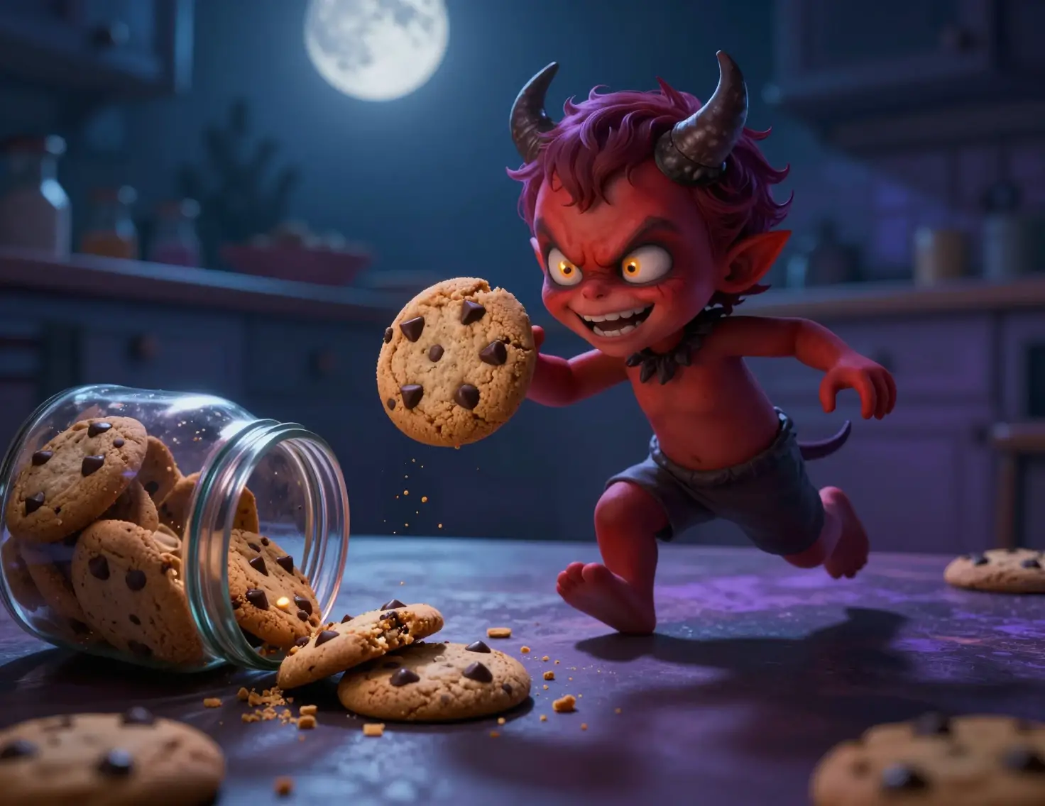 Mischievous Imp Toddler Stealing Cookies In Moonlit Kitchen