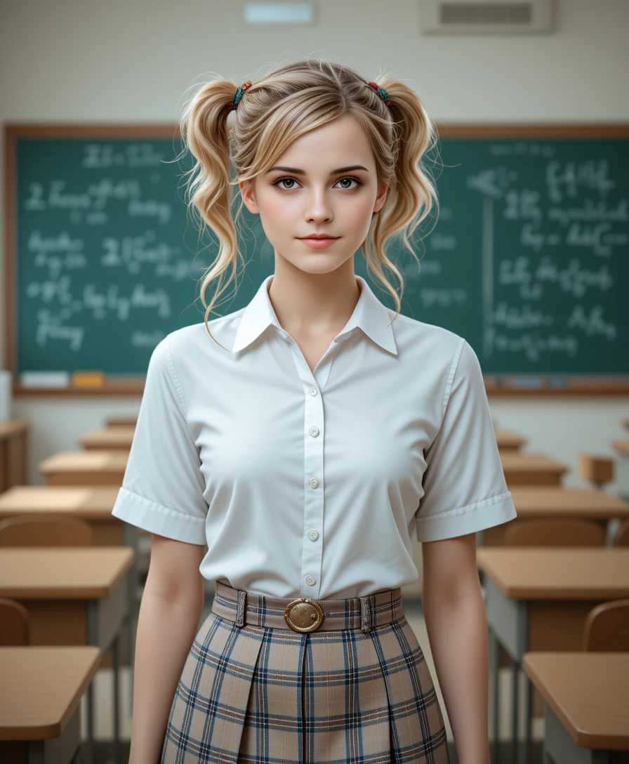 Confident schoolgirl standing in a bright modern classroom