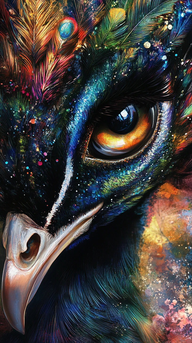 Surreal peacock with shimmering feathers and large gradient eyes