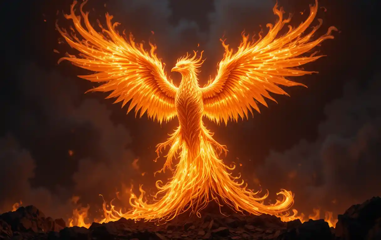 Fiery phoenix with blazing wings against dark background