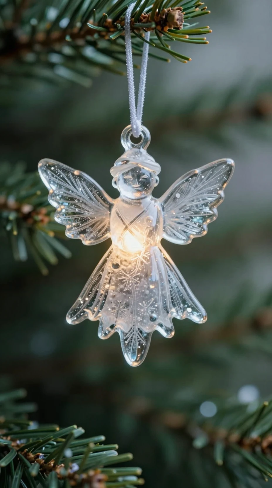 Glass snow angel ornament glowing on a Christmas tree