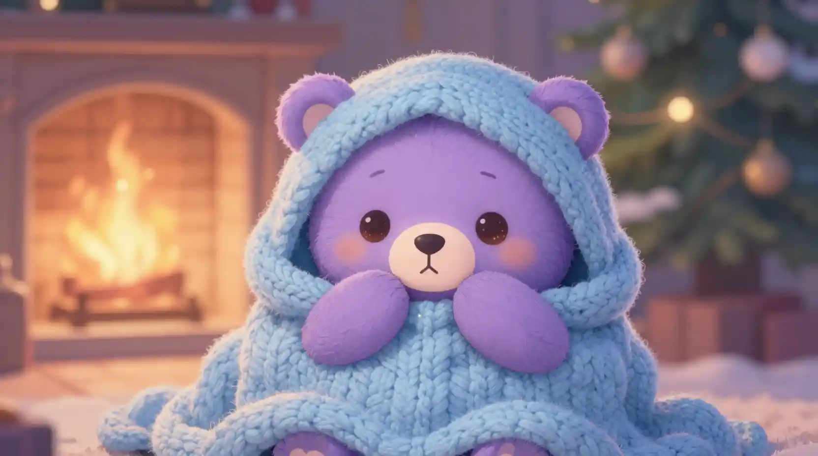 Cute purple bear doll snug under a cozy christmas tree