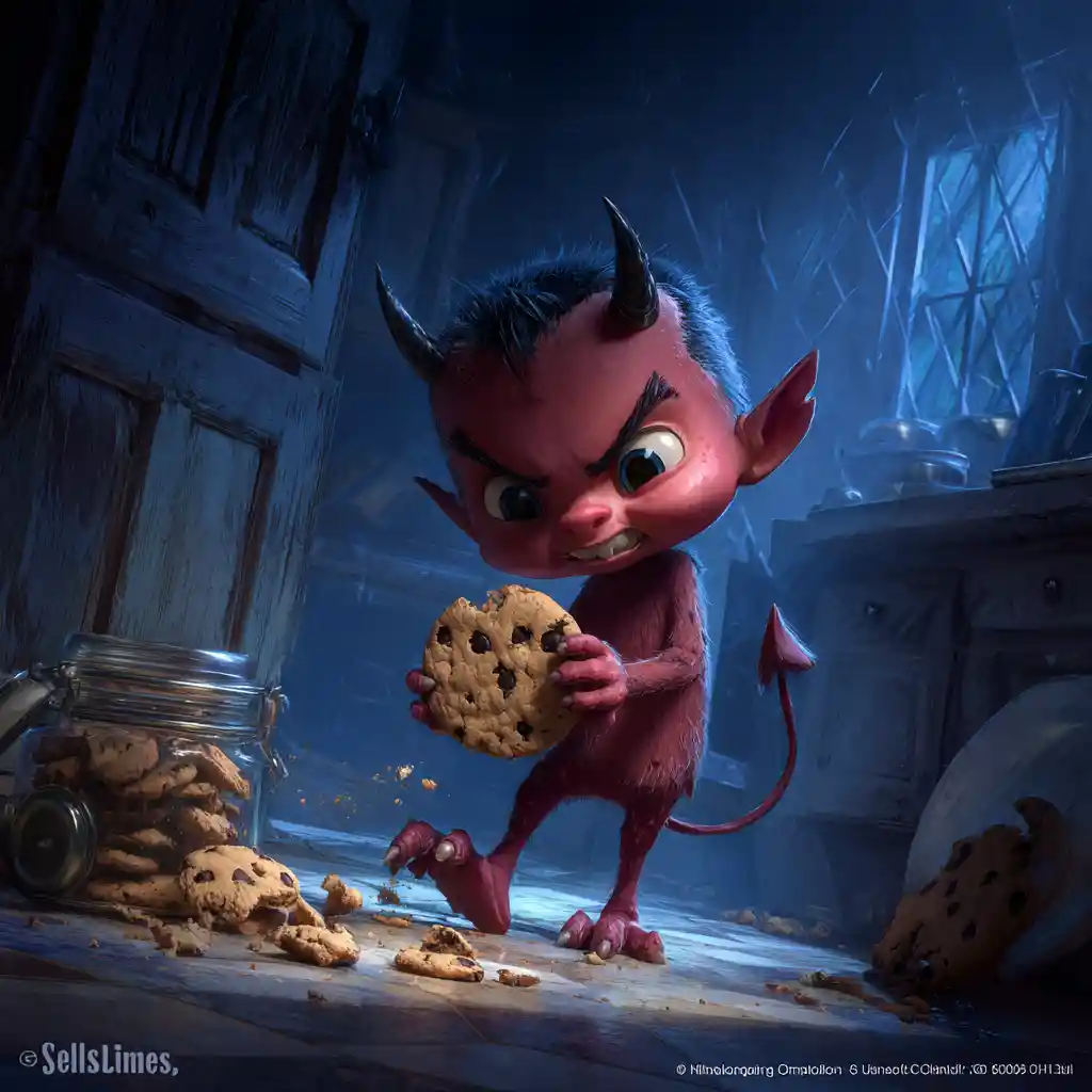 Imp toddler stealing cookies in a moonlit gothic kitchen