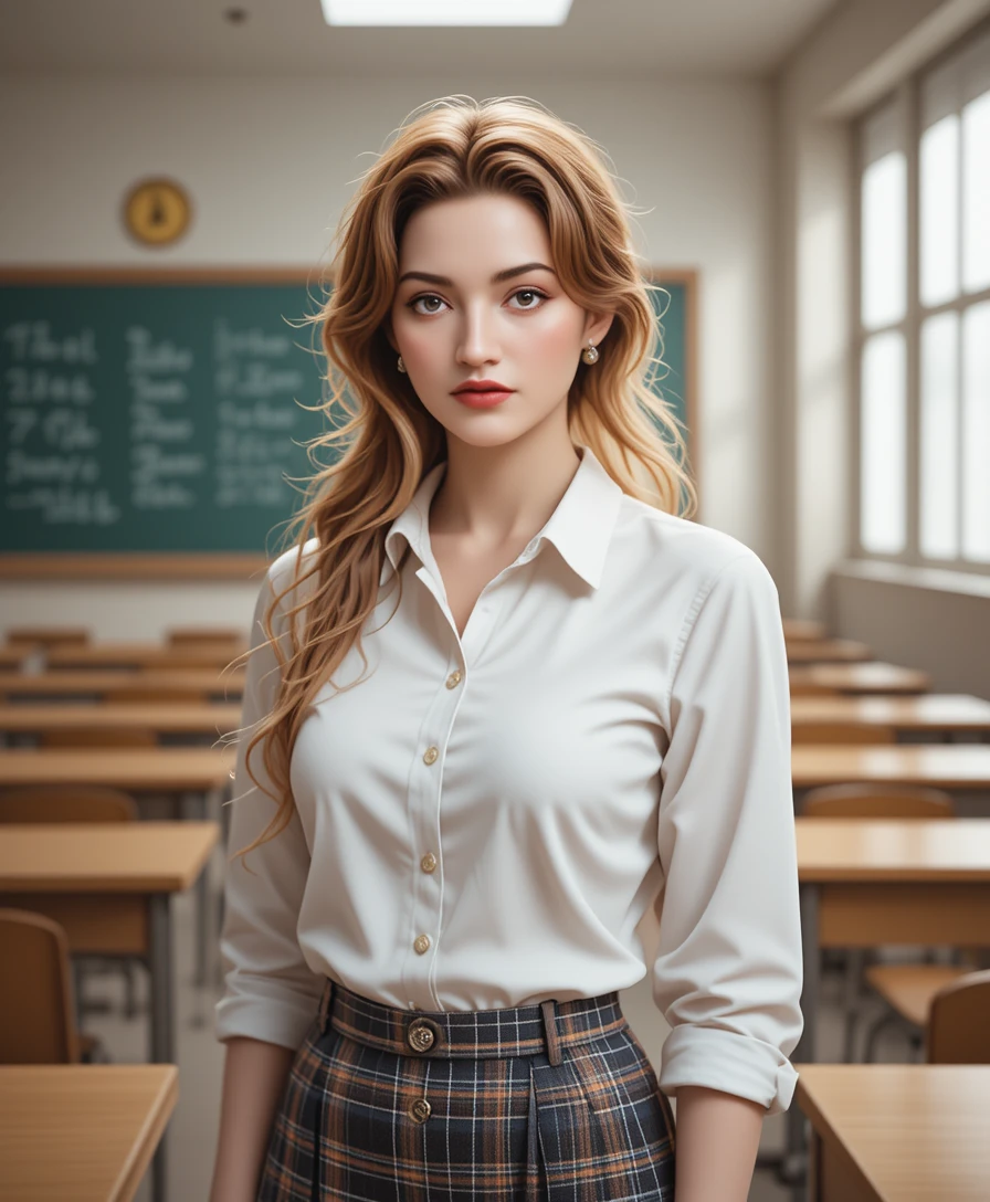 Confident schoolgirl standing in a bright modern classroom