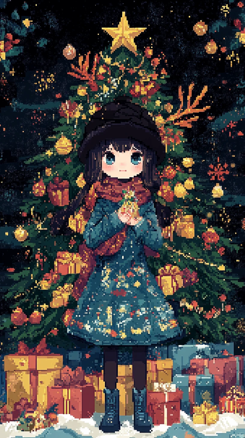 Menina em desenho animado ao lado da árvore de Natal com rena e presentes