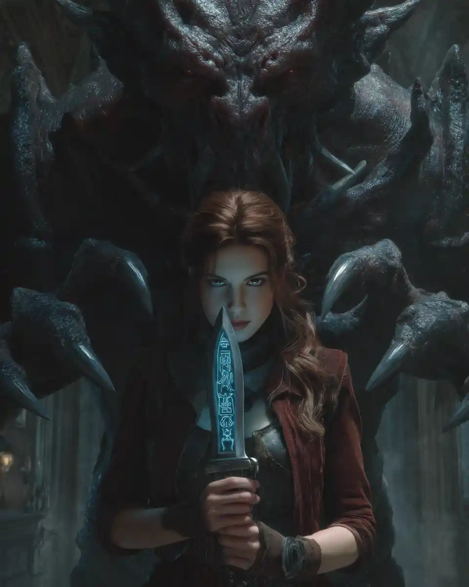 Warrior woman facing shadow demon in gothic victorian hall