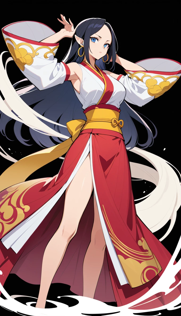 Erhabene Anime-Frau im roten Kimono vor Tinten­spritzer-Hintergrund