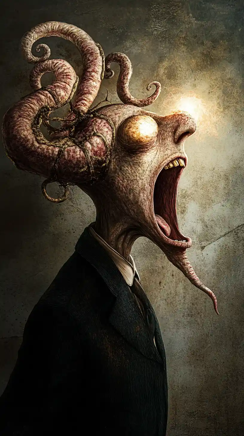 Surreal woman screaming in dramatic close up portrait