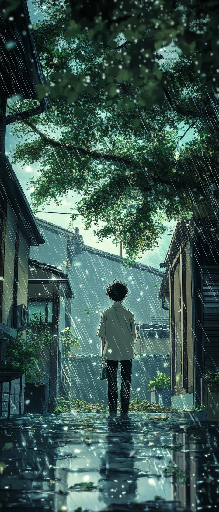 静かな雨の庭に立つアニメ少年の情景