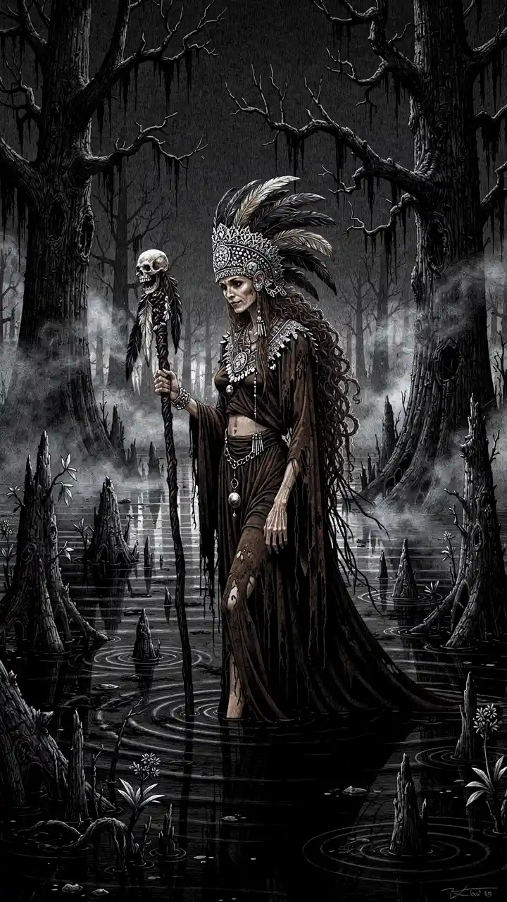Regina voodoo con bastone in una cupa palude della Louisiana