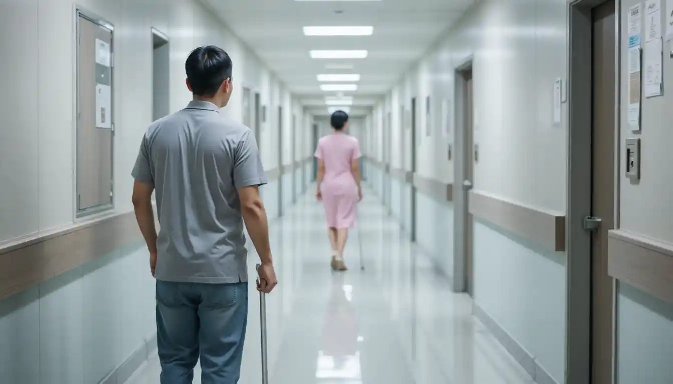 Uomo con stampella in un tranquillo corridoio d’ospedale a Taiwan