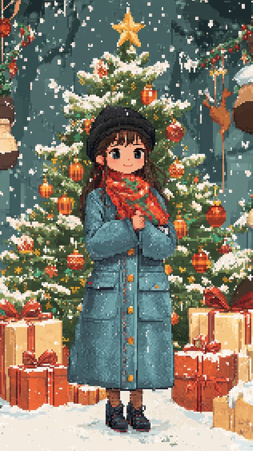Ragazza festosa con renna e albero di Natale – illustrazione